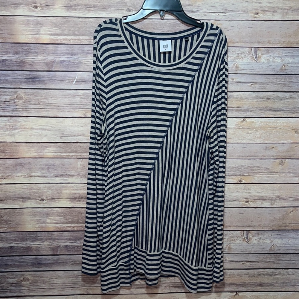 CAbi Blue Gray Stripe Tee Top Long Sleeves Asymmetrical Tunic Size Medium